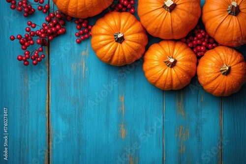 Wallpaper Mural Bright orange small pumpkins and clusters of red berries arranged on rustic blue wooden boards evoking a festive autumn harvest mood Torontodigital.ca