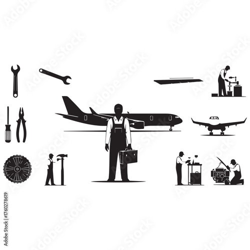 Airplane mechanic tools and aircraft maintenance silhouettes