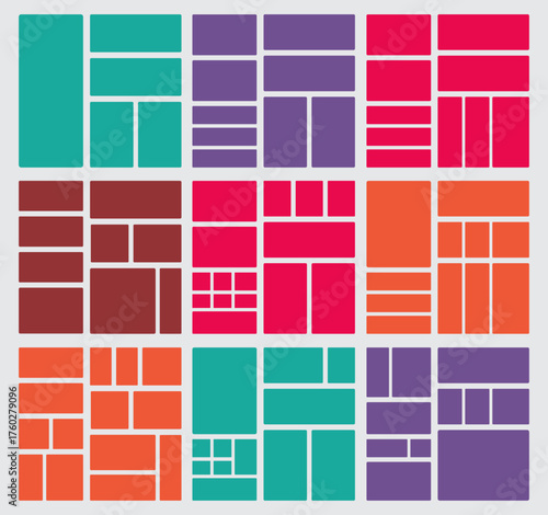 Colorful layout grid templates for web UI UX design. Collection of colorful geometric grid templates used for modern web UI UX design, featuring red, yellow, and teal rectangular layouts.