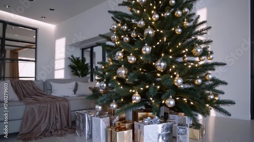 Elegant christmas living room scene with sparkling tree and wrapped gifts