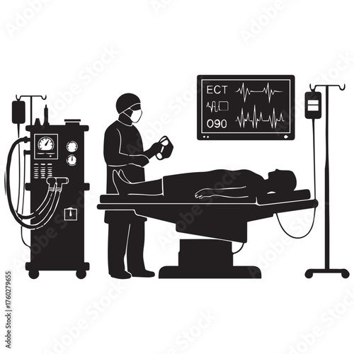 Surgeon and patient in operating room with medical equipment