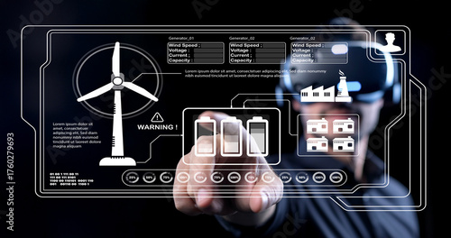 Futuristic Energy Management System with Virtual Reality Interaction and Wind Turbine Display for Renewable Energy Monitoring