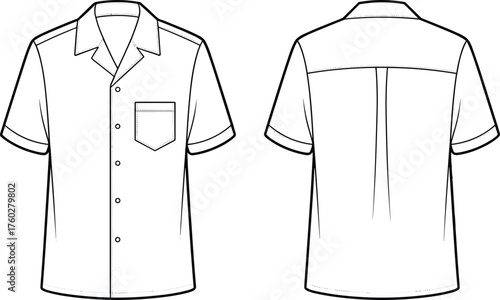 Short sleeve button-up shirt technical flat sketch, front and back view, casual summer fashion cad drawing, vector illustration clothing design template