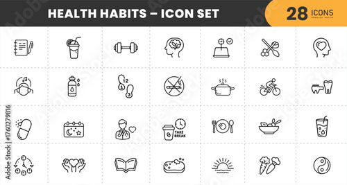 Health Habits Icon Set – 28 Thin Line Wellness Icons Including Fitness, Nutrition, Exercise, Self Care, Sleep, Mental Health, and Lifestyle Symbols.