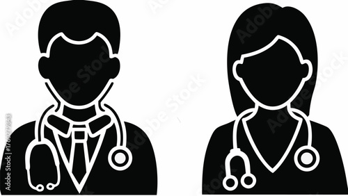 Medical professionals team, doctor and nurse with stethoscope, healthcare providers for clinic or hospital, modern icons