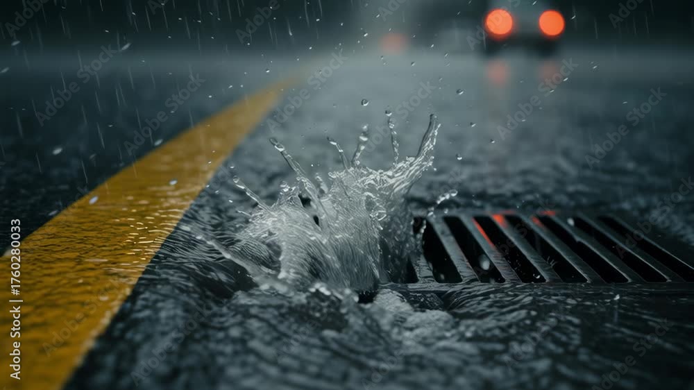 Heavy rain causes dramatic water splashes into storm drain ...