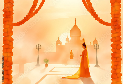 Sunrise Peach Watercolor Wedding Scene — watercolor blend of warm peach and gold tones, marigold garlands, and temple silhouettes glowing in soft light.