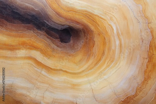 Close-up of natural wood grain with concentric rings and a dark knot in warm brown and beige tones showing texture and organic patterns