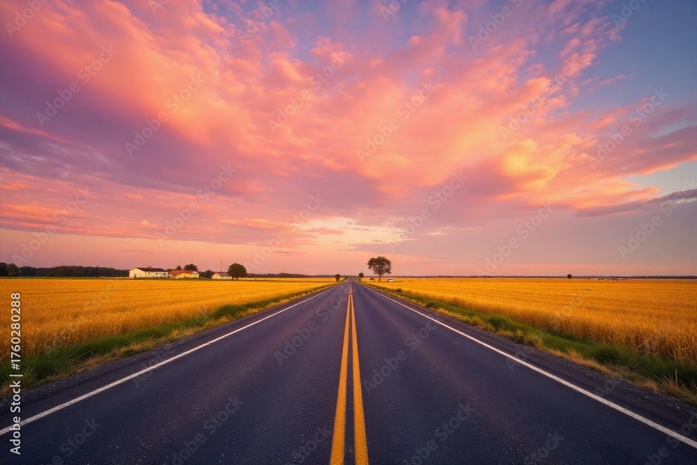 Naklejka premium Serene country road disappearing into the distant horizon, vast open land, golden hour light An empty, unpaved country road receding into the distance. The horizon is low and clear, with rolling