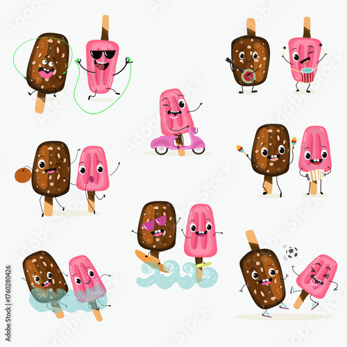 Tasty ice creams, ice-cream cones and popsicle, funny characters, hand drawn vector illustration.