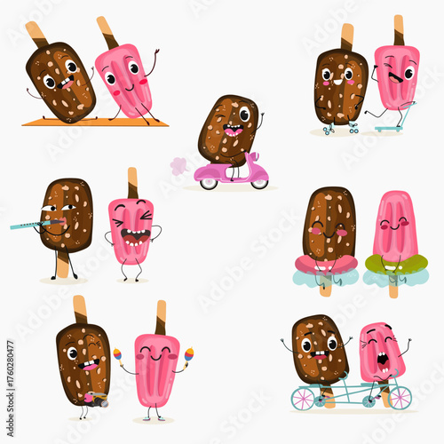Tasty ice creams, ice-cream cones and popsicle, funny characters, hand drawn vector illustration.