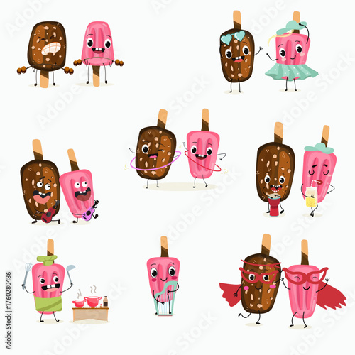 Tasty ice creams, ice-cream cones and popsicle, funny characters, hand drawn vector illustration.