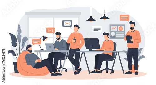 Office scene with several men working on computers, communicating, and relaxing.