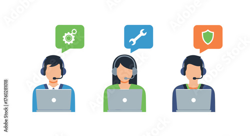 Three customer service representatives with headsets and laptops offering technical support, maintenance, and security assistance.