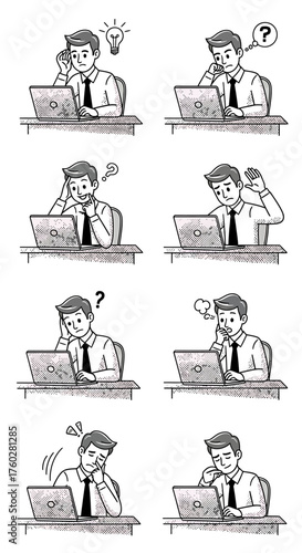 A series of illustrations depicting a businessman experiencing various emotions and thought processes while working on a laptop.