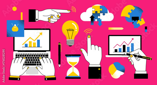Illustration depicting business and technology concepts with hands, laptops, and light bulbs on a pink background.