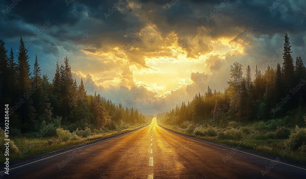 Fototapeta premium Long empty road stretching into the horizon flanked by dense pine forests under a dramatic sky with golden sunlight breaking through dark clouds