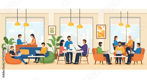 Diverse groups of people working and collaborating on laptops in a modern, open-plan co-working office space.