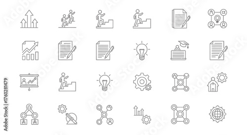 Collection of business and management related line icons.