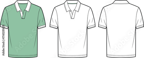 Short sleeve polo shirt flat sketch, two tone collar t-shirt CAD drawing, fashion apparel design template, vector clothing illustration