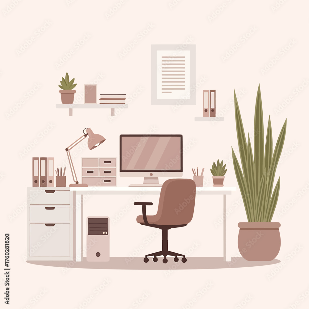 Fototapeta premium An illustration of a modern office workspace with a computer, desk, chair, and decorative plants.
