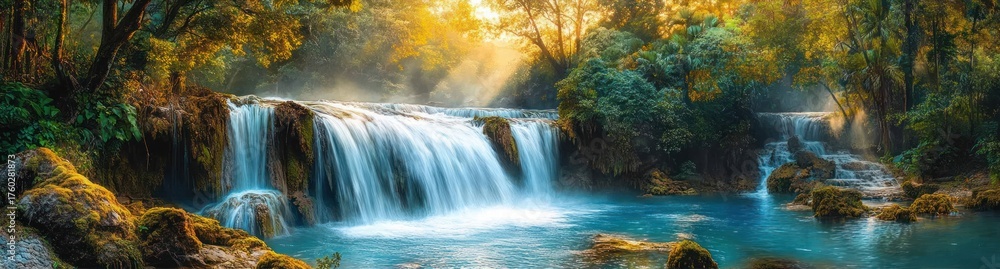 Obraz premium Serene flowing waterfall surrounded by lush green forest with warm sunlight streaming through trees over clear blue water and moss-covered rocks