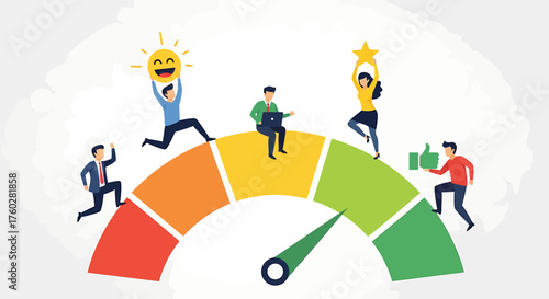 Customer satisfaction meter with people showing different levels of happiness.