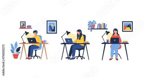 Three people working on laptops at desks in a home office setting with lamps and plants.