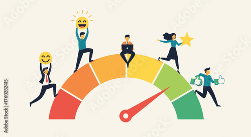 Illustration of people interacting with a satisfaction meter, showing different levels of happiness and feedback.