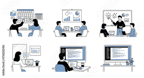 A collection of six illustrations depicting modern office work, including teamwork, programming, and business presentations.