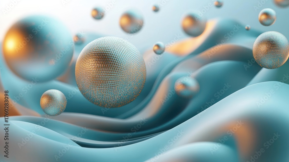 Fototapeta premium Abstract 3D composition of textured metallic spheres floating above smooth wavy surfaces with soft blue and golden lighting creating a futuristic and calming atmosphere
