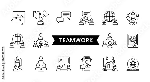 A collection of black line art icons illustrating various concepts of teamwork, business, and collaboration.