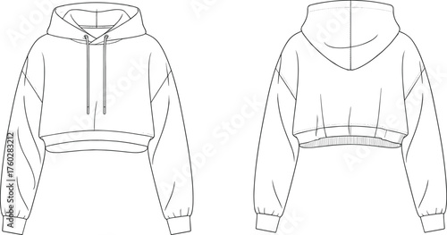 Cropped hoodie fashion sketch, front and back view, drawstring hood and ribbed cuff details, cad drawing flat vector illustration