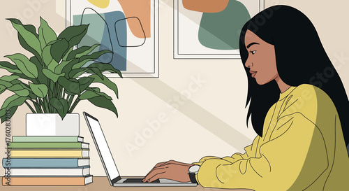 Illustration of a woman working on a laptop at a desk with a plant and books.