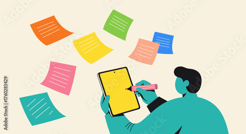 Person using a tablet with colorful sticky notes floating around it.