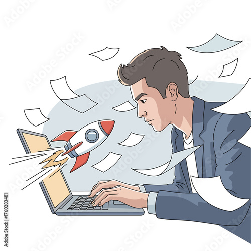 A determined young man intensely typing on a laptop as a rocket launches from the screen, symbolizing rapid progress and innovation.