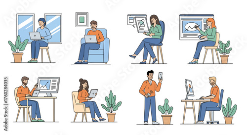 A collection of illustrated characters using various digital devices like laptops, tablets, and smartphones for work and leisure.