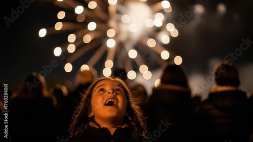 Young girl watches fireworks with joy and wonder