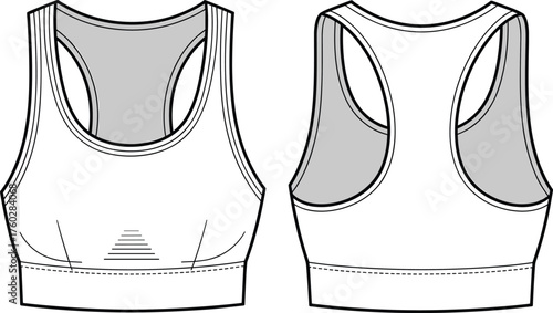 Sports bra technical sketch, flat vector illustration, racerback activewear design, scoop neckline, CAD drawing, fashion template, apparel silhouette, garment construction