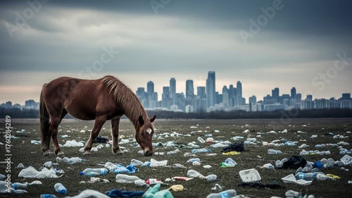 Horse grazes in a field littered with trash, city skyline in background