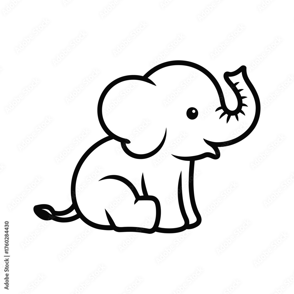 Fototapeta premium Cute cartoon baby elephant sitting with trunk raised