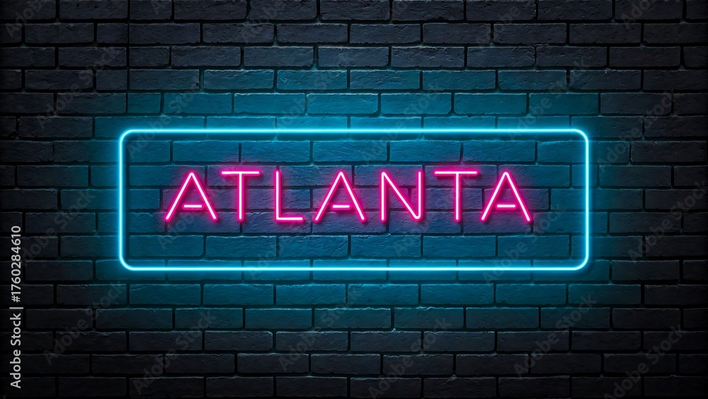 Fototapeta premium Atlanta neon sign glowing on dark brick wall background 