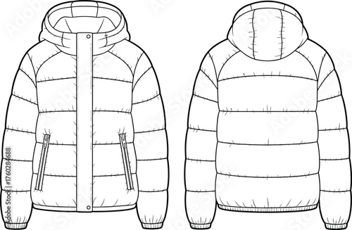 Winter puffer jacket fashion flat sketch, hooded coat CAD drawing, down outerwear technical illustration, apparel design vector template, clothing blueprint