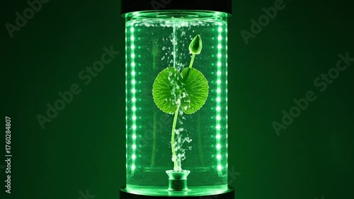 Vibrant green lotus plant with leaf and bud in illuminated glass cylinder with rising bubbles, a striking botanical display or scientific experiment.