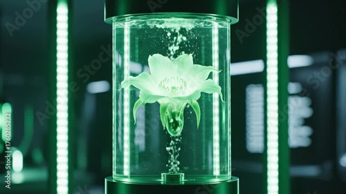 Futuristic glowing green plant evolving in a liquid growth chamber, a biotechnology experiment in a sterile laboratory with neon lights.