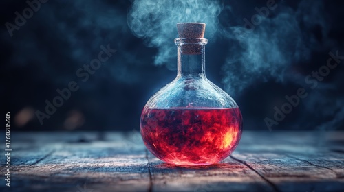 Glowing red potion in a glass bottle