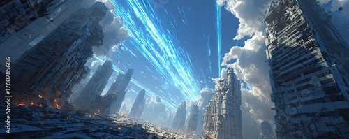 End of the world apocalypse 3D event concept. Futuristic cityscape with towering skyscrapers and vibrant sky.