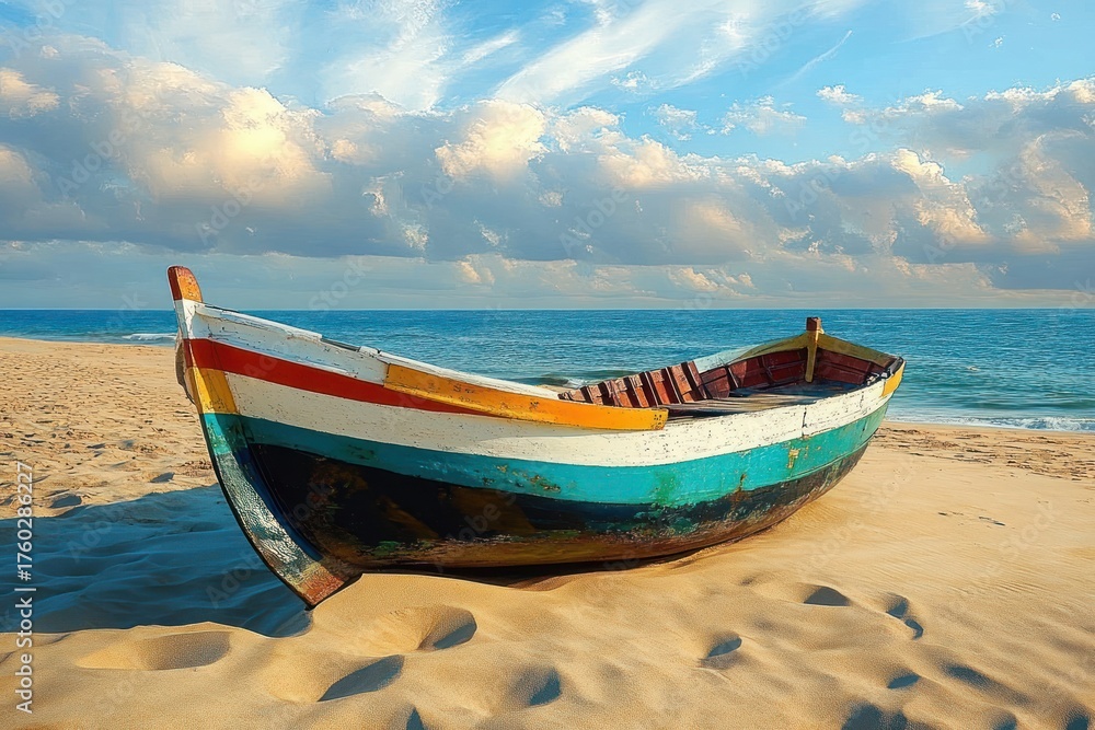 Naklejka premium colorful weathered wooden boat resting on sandy beach under a partly cloudy sky with calm ocean in the background