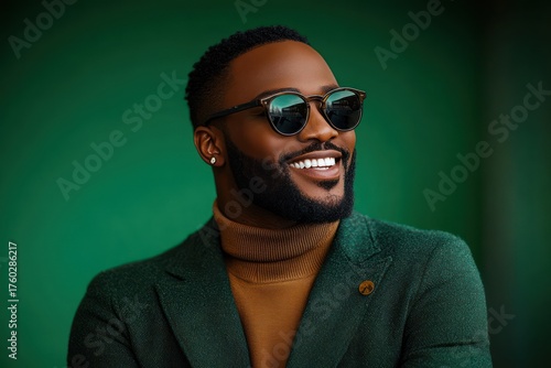 Confident smiling man with a beard wearing round sunglasses, brown turtleneck sweater, and green textured blazer against a green background