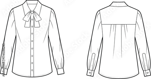Women’s blouse with bow tie collar fashion sketch, front and back view, garment construction, cad drawing flat vector illustration